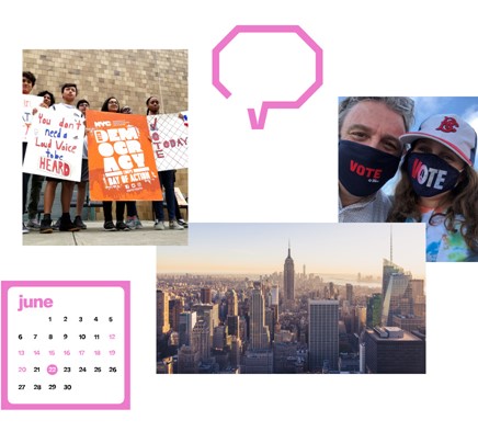 image collage of two photos of NYC voters wearing their I Voted stickers, an aerial photo of Manhattan showing the Empire State Building, and NYC Votes speech bubbles and icons